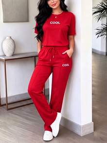 女士新款夏季两件套，个性化字母印花圆领短袖T恤搭配高腰抽绳直筒裤 - 紅色25 - 查看 7