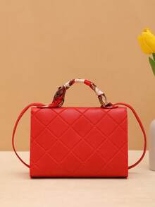 Tas Tangan Wanita Motif Jacquard Kotak-kotak Kasual Gaya Jalanan, Tas Persegi Kecil dengan Dekorasi Syal - Merah - View 4