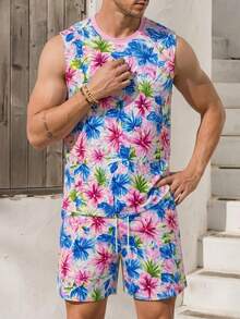 Men's Vacation Style Sleeveless Tank Top And Shorts Set - Multicolor - View 4