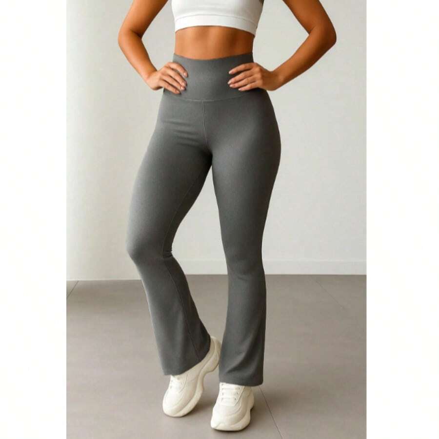 Calça Flare Bailarina Cós Alto Suplex Conforto Com Wolfox - Cinza - Visão 1