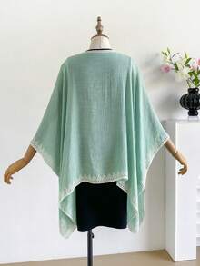 1pc Elegant Floral Embroidered V-Neck Poncho Kimono, Bohemian Style Lightweight Shawl For Women, Spring/Summer Beach Cover Up, Sun Protection, Fashion Accessory, Versatile Gift,Accessories,Travel Essential - Light Green - View 3