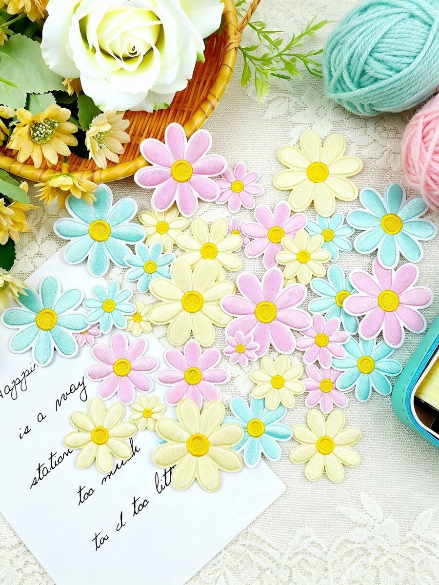 24 buc patch-uri brodate cu macaron și margarete, stil mixt de dimensiuni multiple, autocolante decorative DIY pentru haine, geantă, pălării