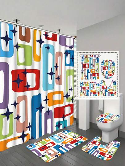 1/4pcs Modern Abstract Colorful Geometric Rectangle Pattern Shower Curtain Set, Retro 1960s Style, Bathroom Decor Accessory Set, Includes 12 Hooks