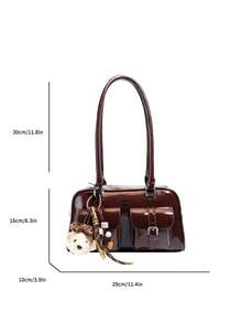 Faux Leather Solid Color Retro Multi-Pocket Large Capacity Women's Shoulder Bag, Comes With Accessory Charm (Accessory Charm May Vary Slightly By Batch) - Coffee Brown - View 4