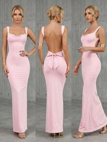 Nightclub Backless Bow Dress | Sleeveless Bodycon Mermaid Party Dress - Rave Outfits, Festival Fashion & Cocktail Clubbing Dress - Pink - View 7