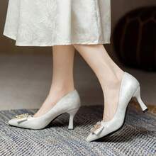 Fashionable Crystal Embellished Pointed Toe Slip-On High Heel Office Work Shoes - White - View 5