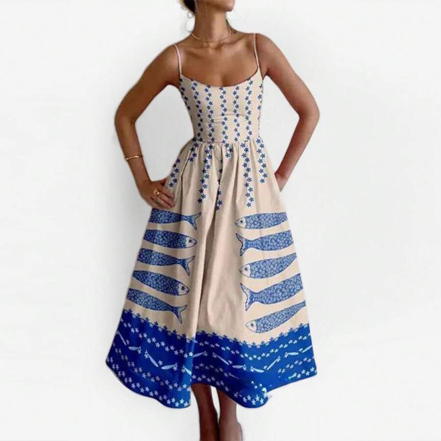 2026 Spring New Women's Clothing, Cross-Border European And American Dress, Sexy Waist-Cinching Pleated Solid Color Large Hem Strap Dress - 藍色大魚 - 查看 1
