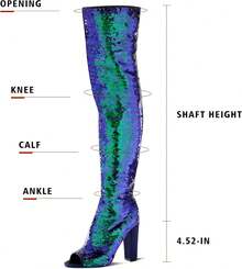 Women's Sequined Over-The-Knee Boots, Open-Toe Over-The-Knee Boots, Chunky Heel, Sparkly And Sexy High Boots, Party/Nightclub/Prom Women's Shoes - 藍色 - 查看 2