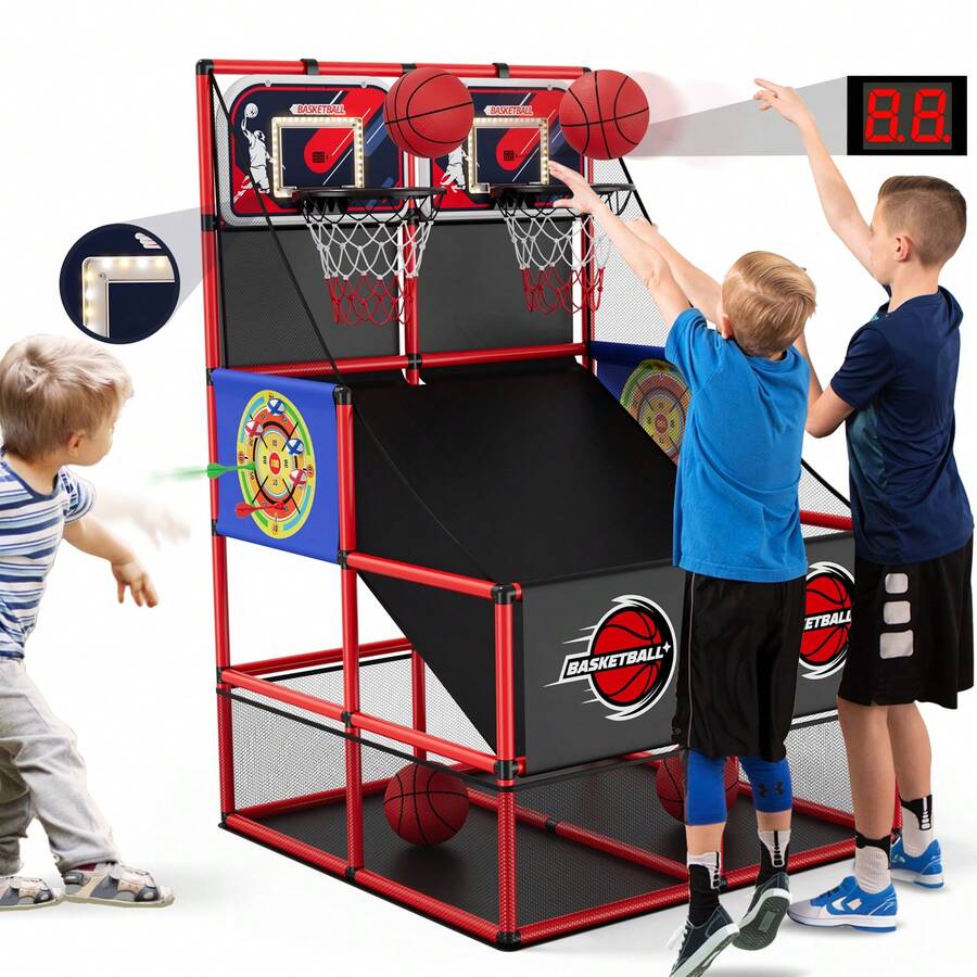 HYES 2 In 1 Dual Shot Basketball Arcade Game With 2 Dart Boards/Electronic Scoreboard/LED Light, Kids Basketball Hoop For Home Indoor Outdoor, Sport Toys For Boys Girls - with Scoring- Dual Shot - 查看 1