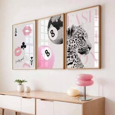 1/3pcs Set Framed/Unframed Pink Leopard Lucky Ball Playing Card Fashion Canvas Poster Preppy Y2K Wall Art Print Minimalist Girly Room Aesthetic Decor Stylish Painting For Dorm,Living Room,Bedroom,Modern Home Decoration