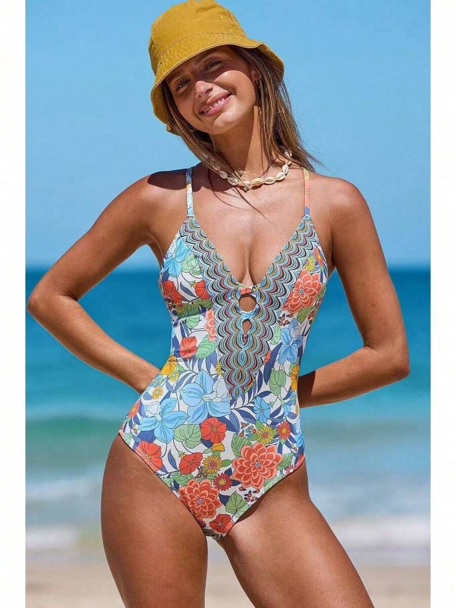 Plus Size One-Pieces - White Background With Floral Pattern - View 1