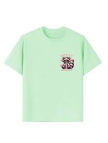 女童休闲趣味印花圆领短袖T恤，夏季上衣 - 薄荷綠 - 查看 7