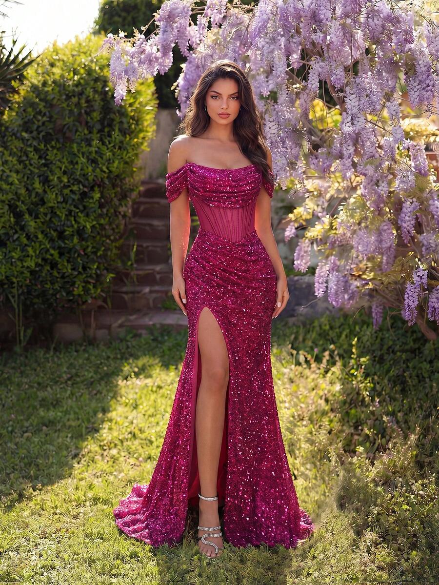 ADYCE Off-Shoulder Long Formal Dress, Sheer Mermaid High Waist Backless Tie Design Long Cocktail Party Evening Gown For Formal Occasions Wedding Spring - Hot Pink - View 1