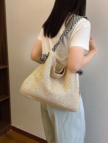 女士新款草编手提包，大容量草编手提包，时尚百搭大容量手提包，沙滩海边夏季通勤百搭编织包，度假复古简约休闲度假风 - 彩色 - 查看 3