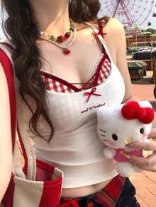 Women's Y2K Sweet Red Gingham Lace Trim Cami Top, Cute Bow Detail V Neck Sleeveless Crop Tank Top, Harajuku Kawaii Aesthetic Summer Casual Camisole, Vintage Preppy Style Slim Fit Knit Camisole For Daily Wear, Streetwear, Vacation & Party, Y2K Aesthetic Cute Bow Cami Top, Red Plaid Lace Trim Crop Tank Top, Kawaii Sweet Style Sleeveless Blouse, Preppy Aesthetic Slim Fit Camisole, Summer Casual Streetwear Crop Top - trắng - Xem 1