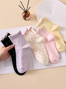 5 Pairs Women's Mid-Calf Socks With Polka Dot, Candy Color Wavy Edge Short Socks, Minimalist & Comfortable Leg Protection - Multicolor - View 7