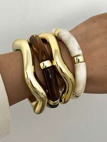 4pcs Vintage Minimalist Wave Shaped CCB Material Bangle Bracelets And Acrylic Cuff Bracelets, Suitable For Women's Daily Wear, Stackable, Perfect Gift Choice For Holidays - Multicolor - View 3