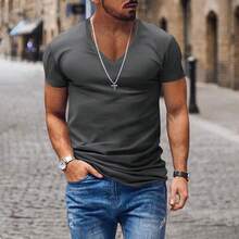 T-shirt da uomo estiva, scollo a V, tinta unita, vestibilità slim, leggera, maniche corte, abbigliamento casual da uomo - Bianco - Visualizzare 11