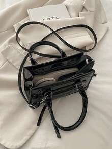 2026 New Solid Color PU Patchwork Zipper Handbag, Minimalist Fashion Outdoor Personalized Small Square Bag, Versatile Shoulder Crossbody Bag With Adjustable Strap - Black - View 10