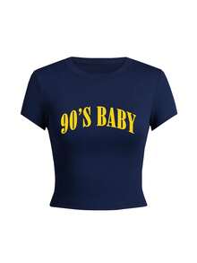 Women's Round Neck Short Sleeve T-Shirt, Summer New Letter Print, Fashion Slim Fit Cropped Top, Suitable For Daily Wear Casual - Dark Blue - View 3