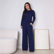 Women's Navy Blue Knit Set - Long-Sleeved Blouse And Flare Palazzo Pants With Pockets - Elegant Women's Winter Set - Women's Wide Leg Pants - Autumn/Winter Look - Women's Clothing - Cold Weather Set - Sizes S M L XL - 藏蓝色 - 查看 1