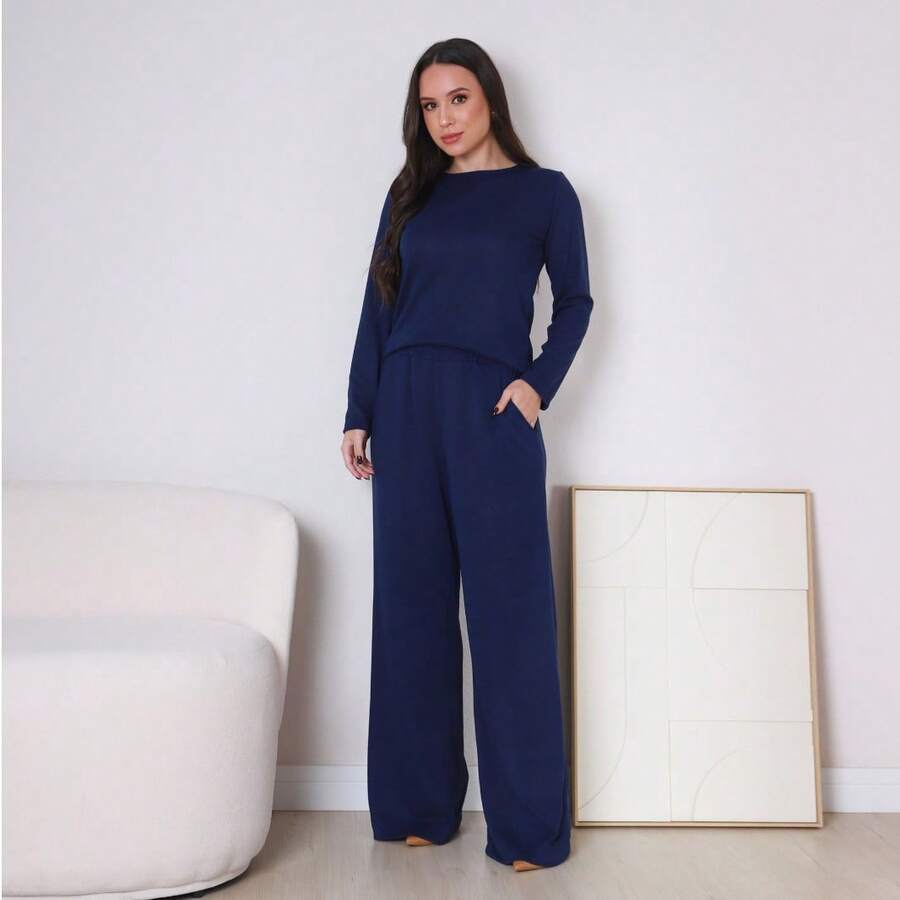 Women's Navy Blue Knit Set - Long-Sleeved Blouse And Flare Palazzo Pants With Pockets - Elegant Women's Winter Set - Women's Wide Leg Pants - Autumn/Winter Look - Women's Clothing - Cold Weather Set - Sizes S M L XL - 藏蓝色 - 查看 1