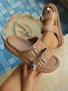 Summer Double-Buckle Thick-Soled Slippers For Women, Retro Coffee PU Leather Gold Buckle Platform Strap Slides, Versatile For Commuting & Beach - Brown - View 1