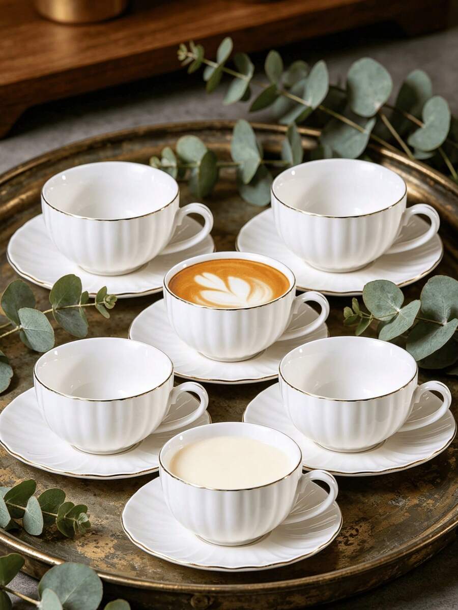 12-Piece Porcelain Demitasse Cups & Saucers Set White With Gold Trim – Elegant Espresso Coffee Tea Cup Set, Small Mugs With Plates For Cafe, Restaurant, Home, Wedding, Dinner Party - White - View 1