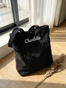 Túi tote denim cá nhân hóa, túi tote in tên theo yêu cầu, túi tote thêu tên có ngăn, túi đeo vai họa tiết chữ cái, túi công sở hàng ngày, quà tặng cho nữ. - Nhiều màu - Xem 12