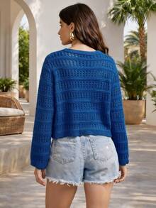 Royal Blue Long Sleeve Tie Front Cardigan Women's Crochet Knit Crop Top Mesh Sheer Summer Sweater Vacation Outfits Women Summer Clothes Squishy Soft Beach Cover Up Summer Tops For Women Sexy V Neck Open Front Shrug Lightweight Knitwear For Summer Outfits For Women Camping Essentials Aesthetic Fairycore Top For Holiday Outfits Dresses For Women Summer Pairing Breathable Outdoor Knit Shrug - 藍色*慵懶休閒 - 查看 7