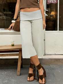 Women's Y2k Fold Over Capri Pants Elastic Waist Low Rise Cropped Pants Stretchy Wide Leg Knee Length Capri Leggings Summer Casual Going Out Trousers Streetwear - 淺灰色 - 查看 2