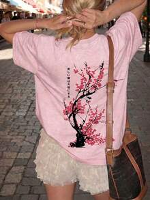 女士圆领短袖T恤，新款夏季樱花印花，休闲宽松百搭上衣，时尚日常穿着 - 粉色 - 查看 2