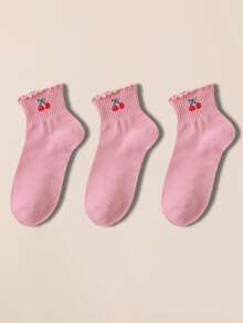 3/6 Pairs Cherry Patterned Women Short Socks, Women Spring/Summer Ankle Socks, Frill Trim White Women Short Socks, Floral Lace College Style Student Socks - Multicolor - View 8