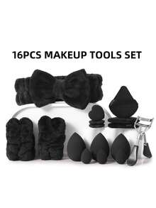 16PCS Makeup Tools Set Including:1pc Hairband+2PCS Hand Bowl Strap+3PCS Triangle Powder Puffs+3PCS Makeup Sponges+3PCS Mini Makeup Sponges+3PCS Mini Air Cushion Powder Puffs+1pc Eyelash Curler - Black - View 12