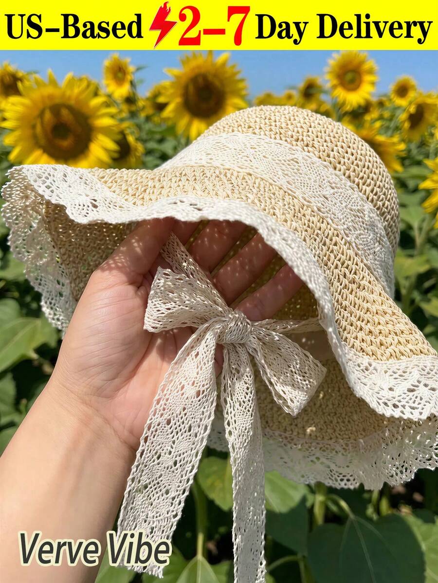 Gorgeous Sun Hat Featuring Windproof Lace Chin Strap And Scalloped Edge Lightweight Straw Hat For  Girls Romantic Beach Hats Perfect For Honeymoon Resort Poolside Lounging Fisherman Hat Cruise Essentials Vacation Essentials Beach Accessories For Women Beach Essentials Travel Essentials For Women - 彩色 - 查看 1