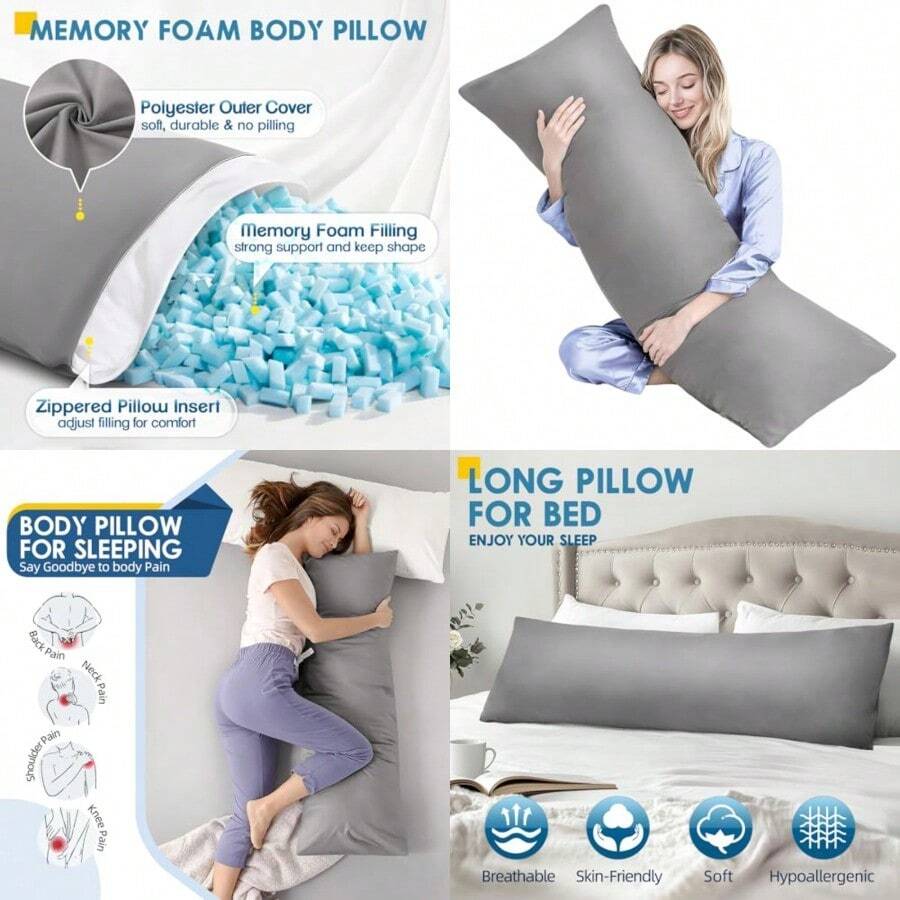 MAGIC ELEPHANT - Almohada corporal de espuma viscoelástica para adultos almohada larga para cama y dormir relleno de almohada larga con funda 20 x 54 pulgadas - gris - Ver 1