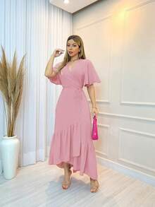 Women's Plain Wrap Dress - Dusty Pink - View 2