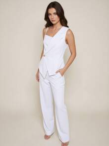 Conjunto Feminino Alfaiataria Elegante com Colete Assimétrico com Zíper e Calça Pantalona com Bolsos, Look Sofisticado para Trabalho e Eventos - Branco - Visão 5