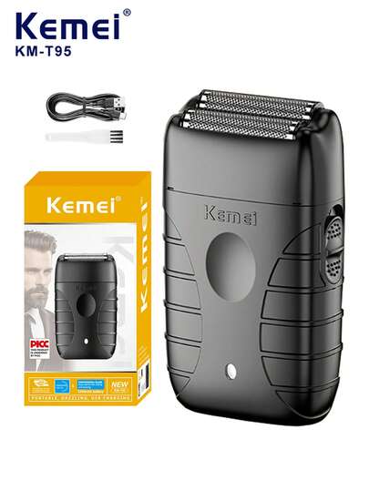 Kemei Máy cạo râu điện cầm tay KM-T95 dành cho nam giới, máy cạo râu chuyên nghiệp hai lưỡi, máy tỉa tóc phù hợp cho nam giới hói đầu, sạc nhanh Type-C, dung lượng cao, thời lượng sử dụng lâu dài, 1 chiếc
