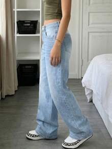 Quần jean denim nữ dáng suông rộng rãi, chất liệu denim mài, thích hợp mặc thường ngày. - Rửa nhẹ - Xem 5