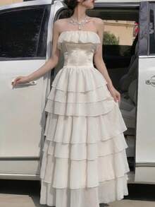 法式优雅婚礼派对鸡尾酒会无袖荷叶边系腰蛋糕裙晚礼服，女士节日沙滩裙 - 杏色 - 查看 8