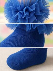 1 par de calcetines de malla con volantes esponjosos para niñas, calcetines de princesa con pliegues lindos, uso diario cómodo y transpirable - Azul - Ver 3