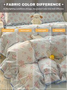 一套法式乡村风格花卉图案被套三件套，浅蓝色和粉色玫瑰印花，清新治愈，亲肤透气，不起球，不易褪色，易于洗涤和护理，荷叶边设计（包含1个被套+2个枕套，不含被芯和枕芯，枕套图案随机裁剪） - 淺藍色 - 查看 7