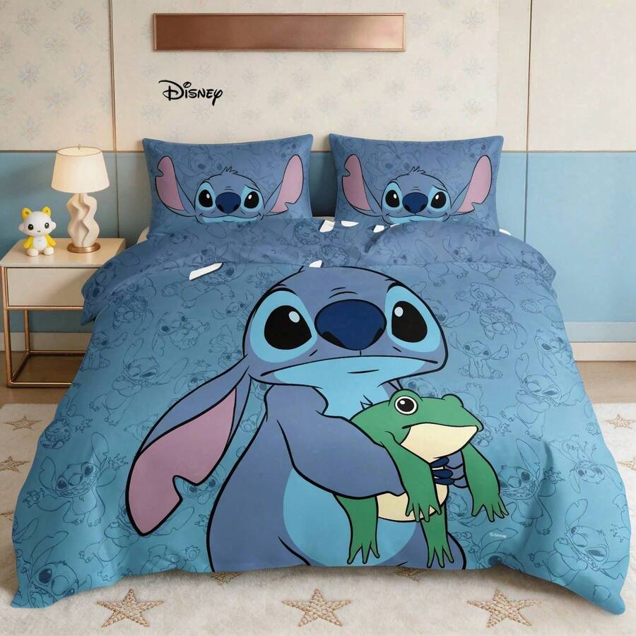Bộ ga trải giường hoạt hình hình chú ếch Stitch của Disney, in hình màu xanh dương, gồm 3 món: vỏ chăn và vỏ gối, phù hợp cho mọi mùa, dành cho phòng ngủ gia đình. - Nhiều màu - Xem 1