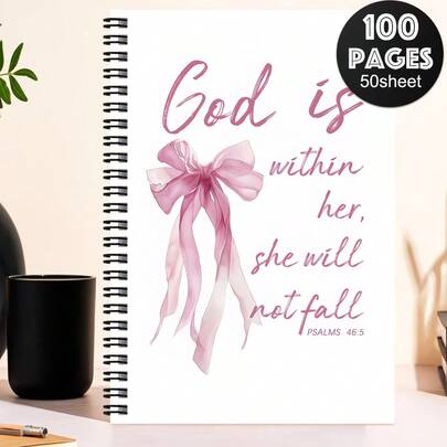 1pc Elegant Pink Ribbon Bound Prayer Journal And Planner - Spiral Notebook With Psalm 46:5 Verse, Daily Scripture Writing Diary, Portable Prayer Handbook, Suitable For Church, Bible Study Group Gifts