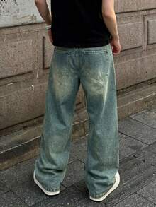 男士宽松直筒水洗牛仔裤，美式休闲街头风百搭牛仔裤，适合送给丈夫/男友 - 芥末黃 - 查看 5