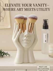 Artistic Female Face Makeup Brush Holder, Elegant Vanity Organizer With Sculptural Hand, Fashionable Bedroom Or Bathroom Countertop Decor, Perfect Gift For Women, Modern Aesthetic Cosmetics And Beauty Tools Storage - A - View 3