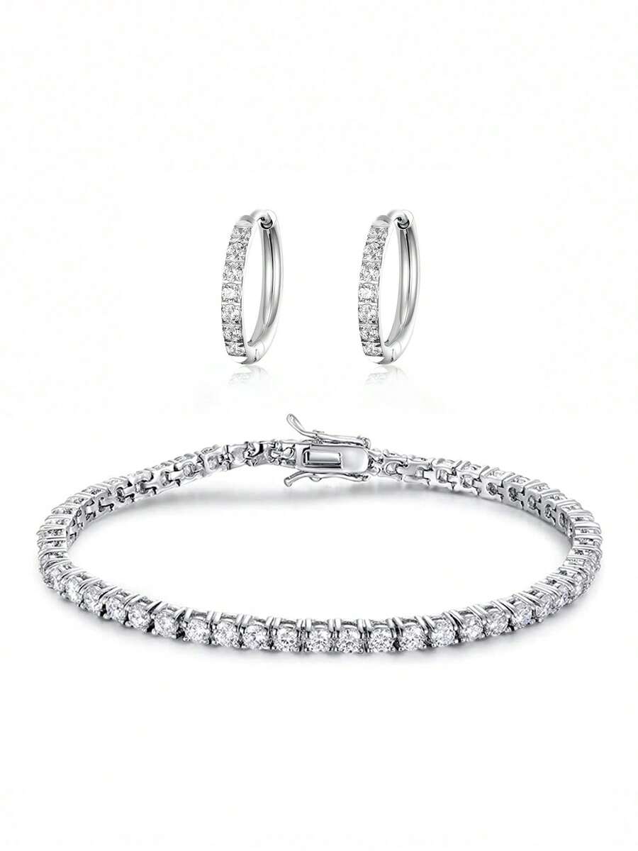 18K镀白金网球手链耳环套装，3毫米圆形立方氧化锆网球手链，8毫米不锈钢小耳环，男女皆宜