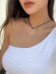 1pc Chunky Metallic Hollow Out Asymmetrical Geometric Multiple Element Charm Heart Shaped Pendant Collar Adjustable Black PU Leather Rope Necklace For Women Fashion Casual Street Party Jewelry Gifts - Họa tiết bạc không đều - Xem 5
