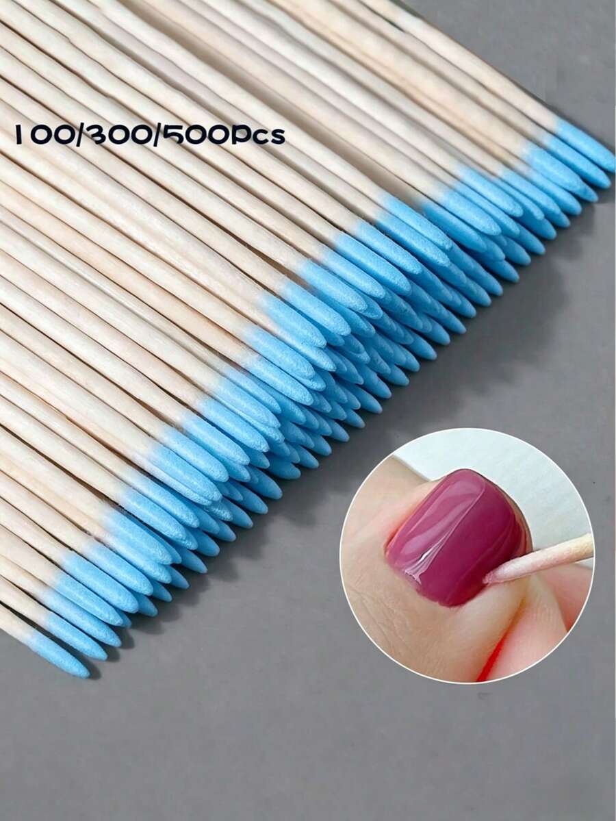 100/300/500Pcs Nails Wood Swab Cleaning Sticks Bud Tip Wooden Cotton Head Manicure Detail Corrector Nail Polish Remover - Blue - View 1
